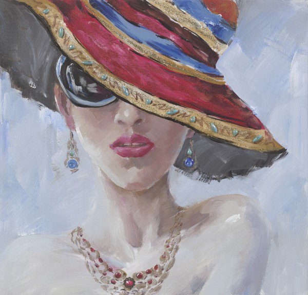 Wandbild FRAU MIT HUT UND SONNENBRILLE, handgemalt, in Acrylfarben